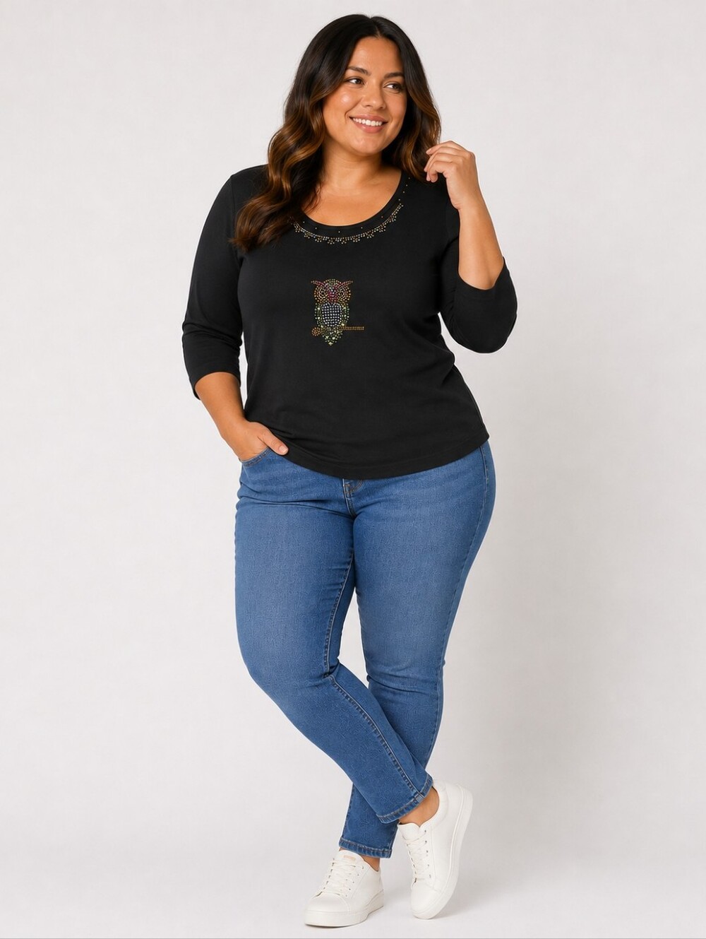 Quacker Factory Women's Black Owl Embellished Rhinestone Top 1x